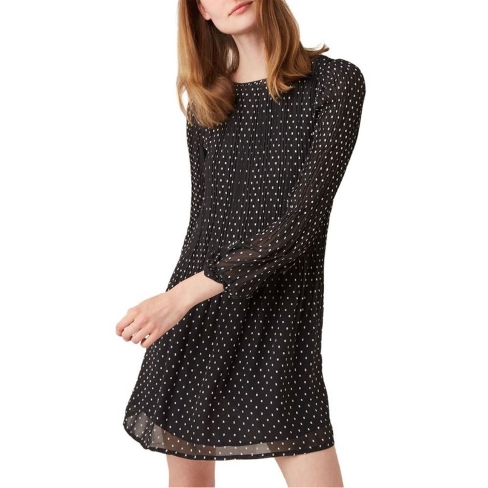🖤 Maje Rockito Pleated Polka Dot Shift Dress Size 2 Black White Long Sleeve